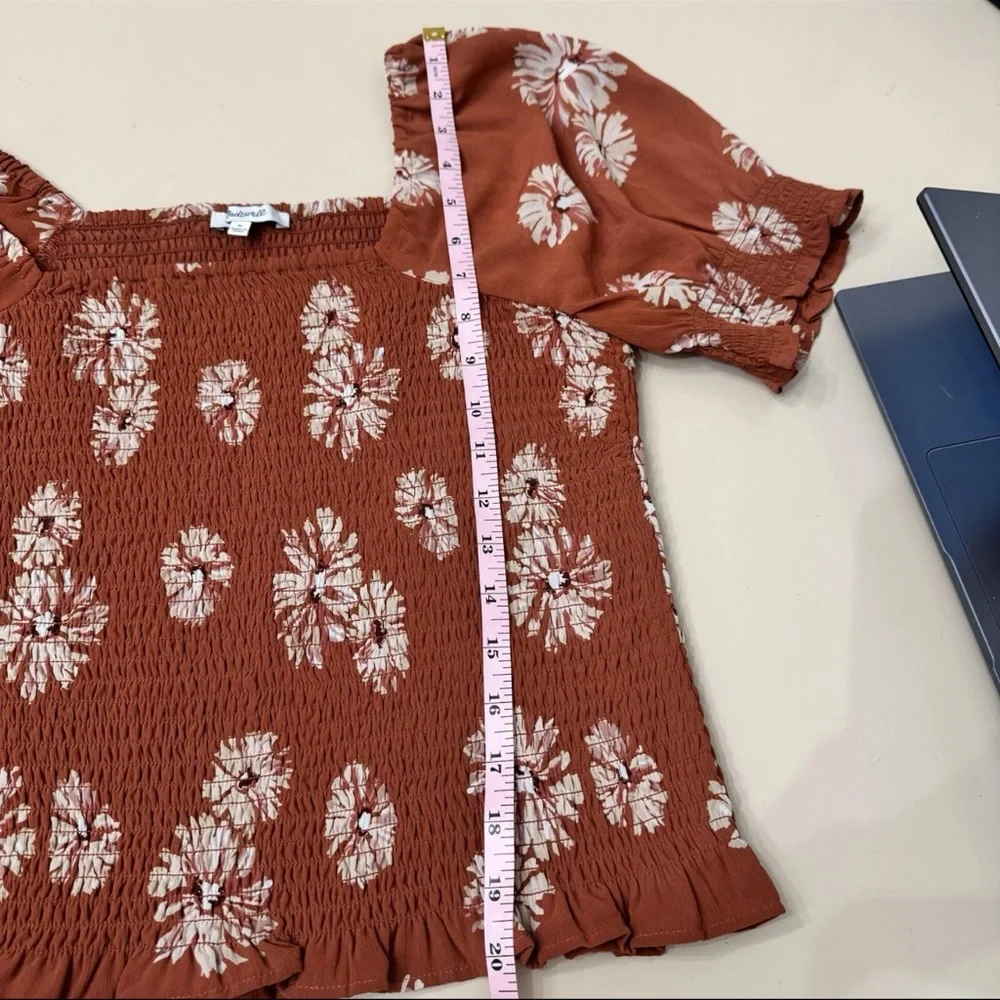Madewell Georgette Lucie Puff Sleeve Smocked Top Rust Floral Square Neck Size M